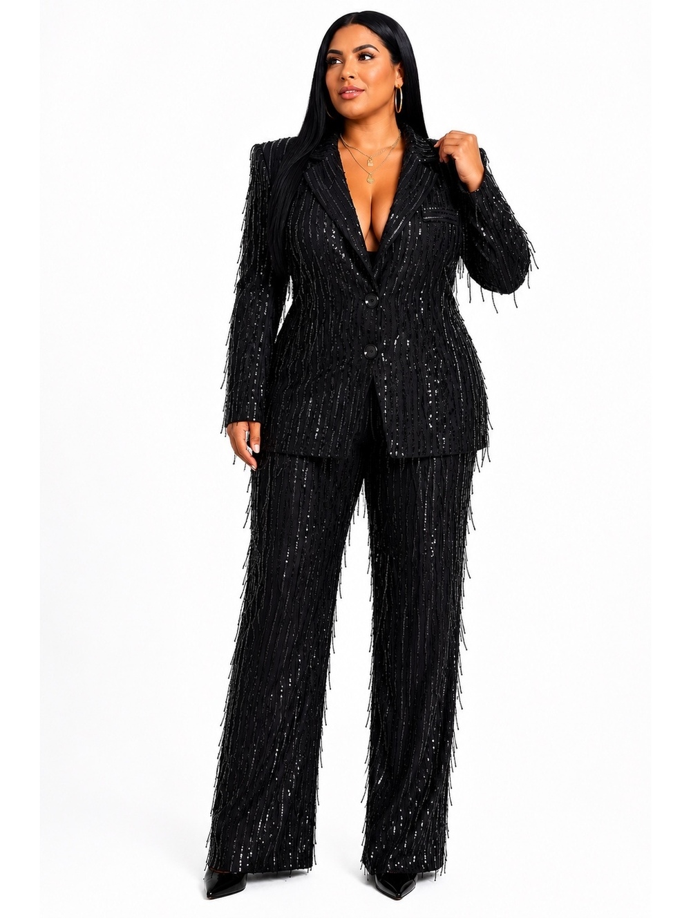 Midnight Majesty Sequined Fringe Suit Set-Size Large